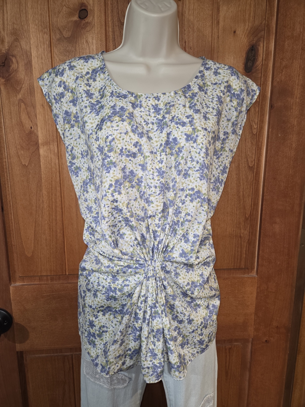 Floral Ruched-Front Women's Blouse in Light Blue and Cream